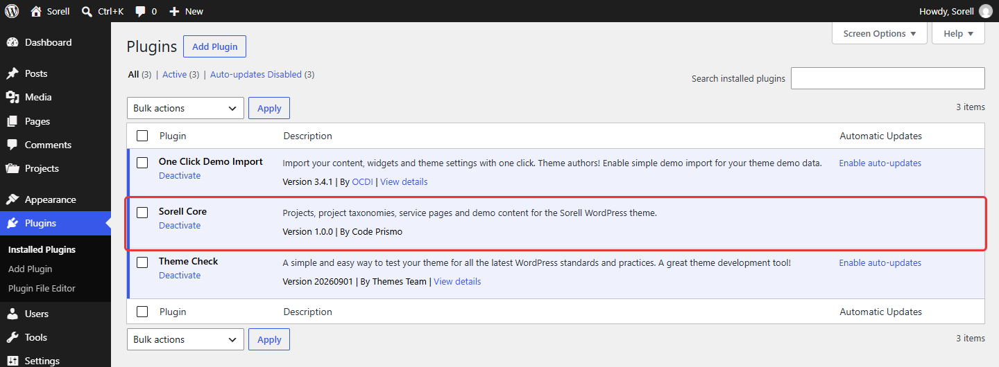 Plugins screen with the active Sorell Core row highlighted