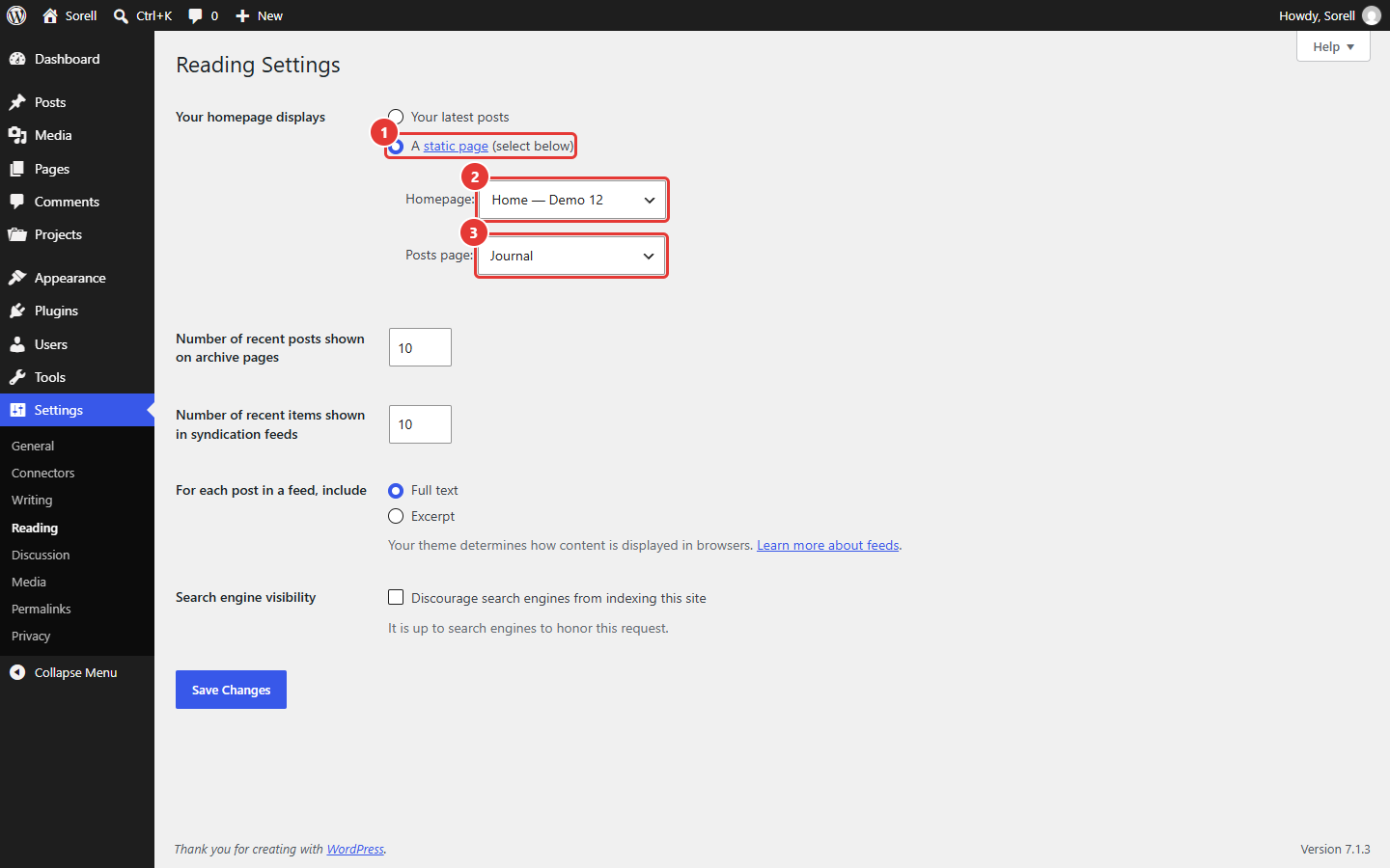 Reading Settings with A static page, Homepage and Posts page highlighted
