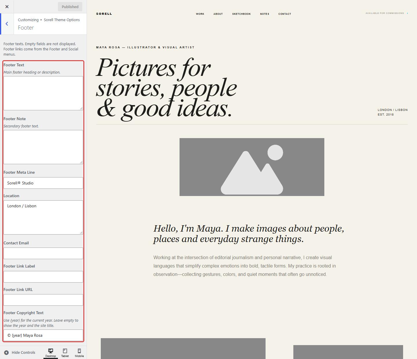 Footer section of Sorell Theme Options with its fields highlighted