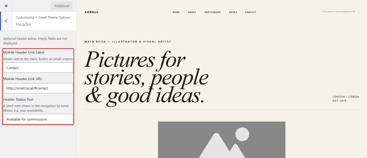 Header section of Sorell Theme Options with its three fields highlighted