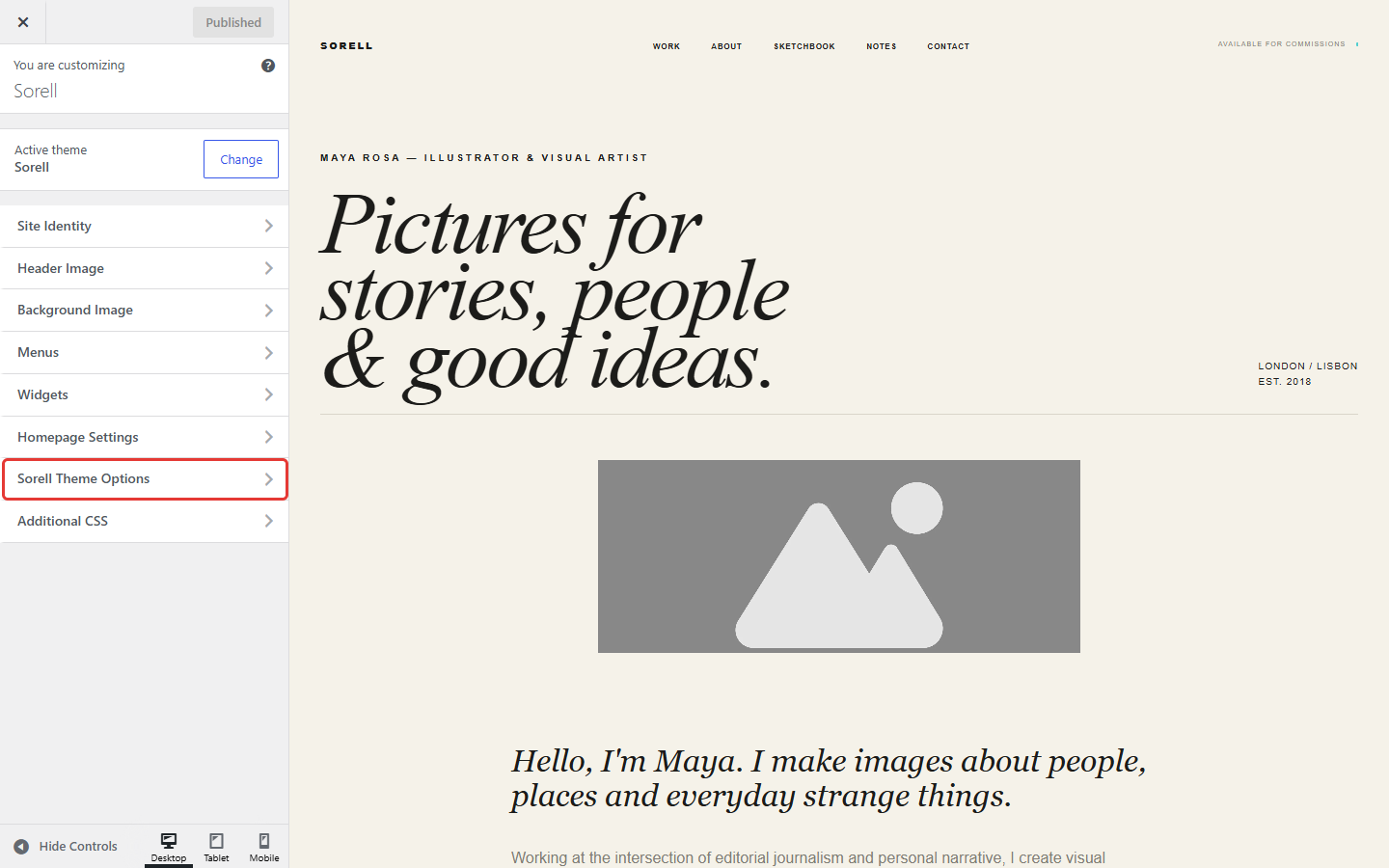 Customizer with the Sorell Theme Options panel highlighted