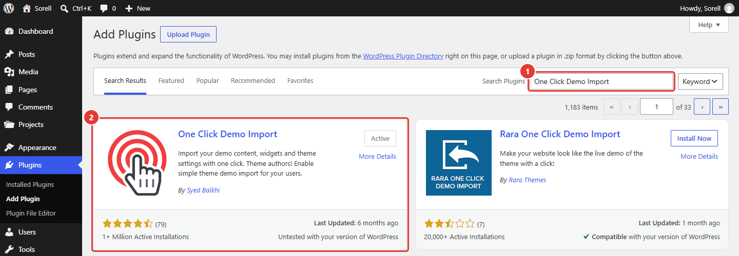 Plugin search results with the search field and the One Click Demo Import card highlighted