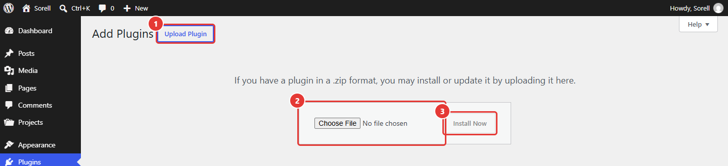 Add Plugins screen with the Upload Plugin button, the file field and the Install Now button highlighted