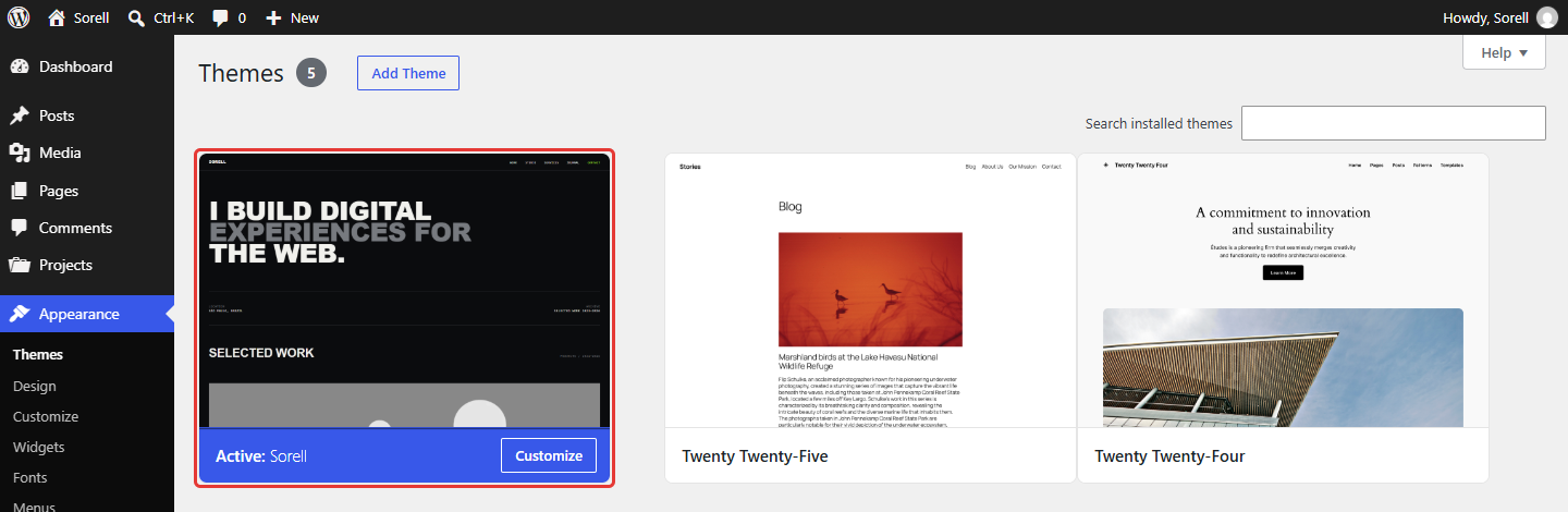Themes screen with Sorell shown as the active theme