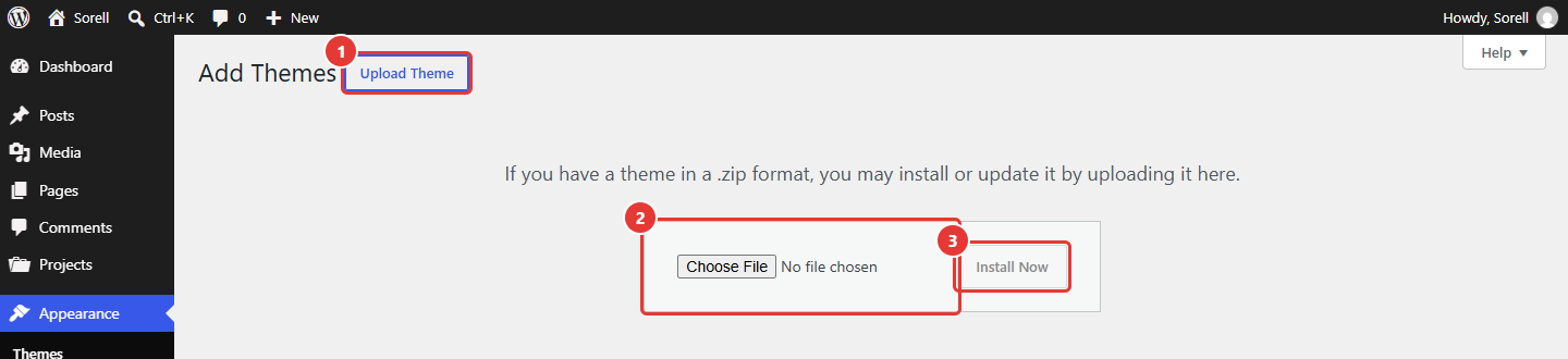 Add Themes screen with the Upload Theme button, the file field and the Install Now button highlighted