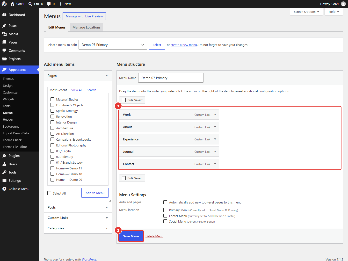 Edit Menus tab with the menu items and the Save Menu button highlighted
