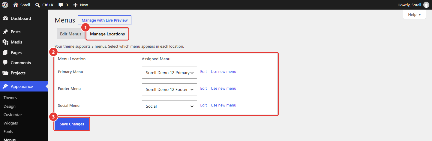 Manage Locations tab with the location table and Save Changes highlighted