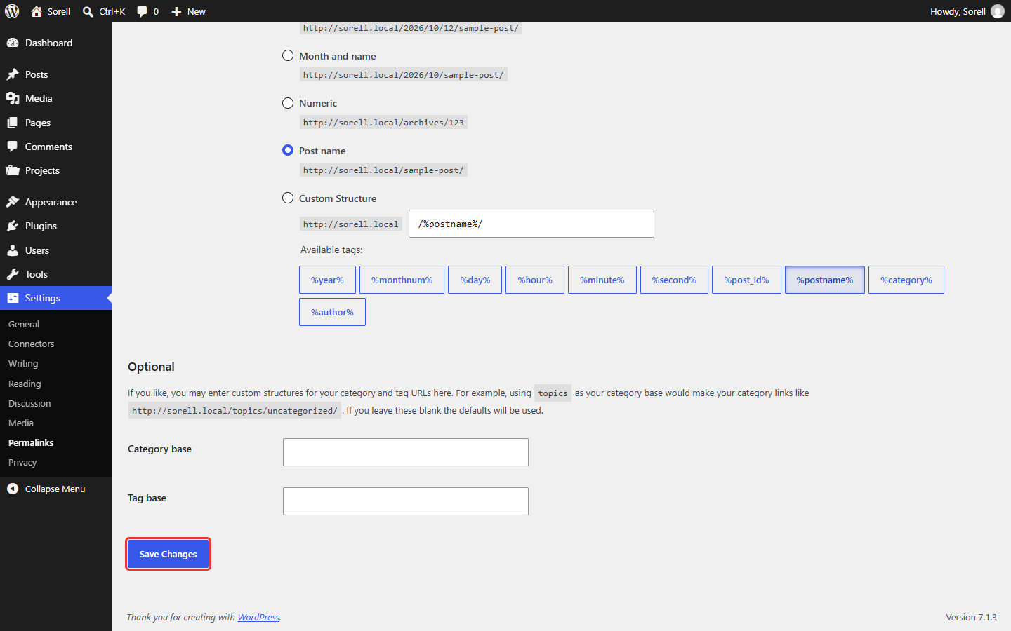 Permalink Settings with the Save Changes button highlighted