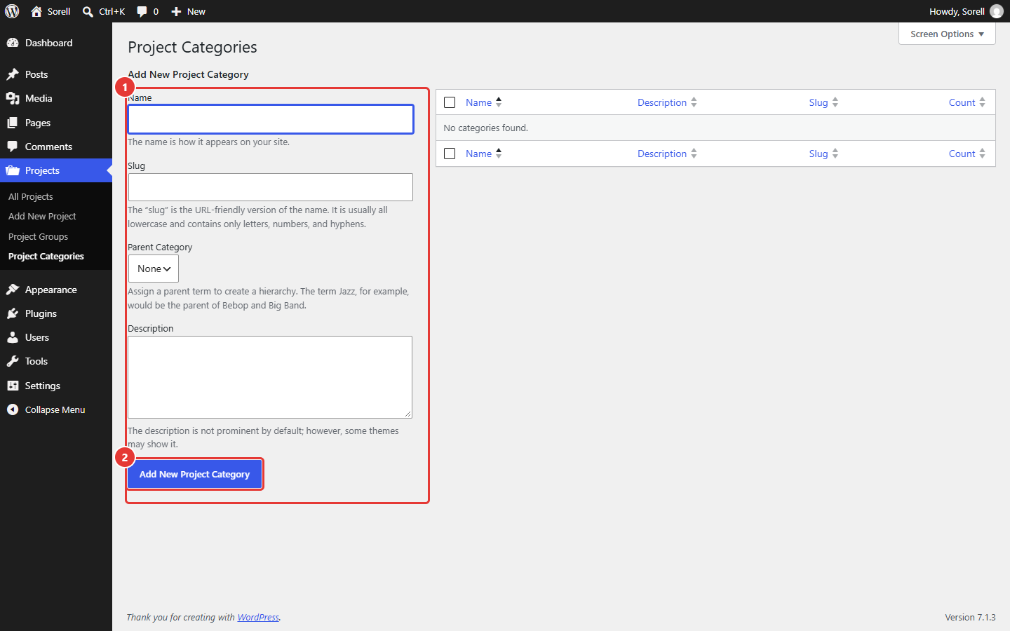 Project Categories screen with the new category form and its submit button highlighted