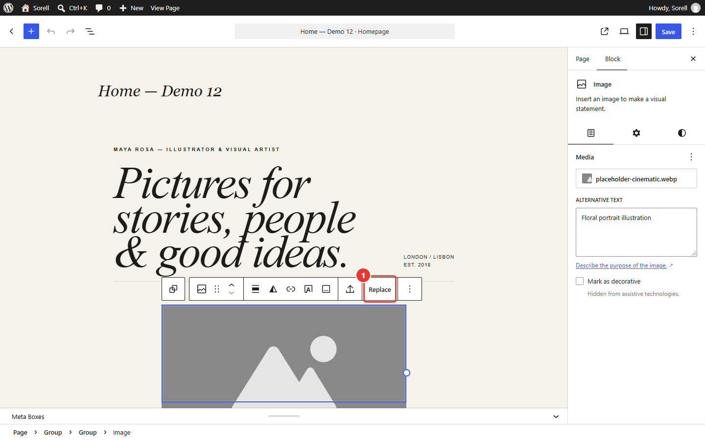 Block editor with an Image block selected and the Replace button highlighted in its toolbar