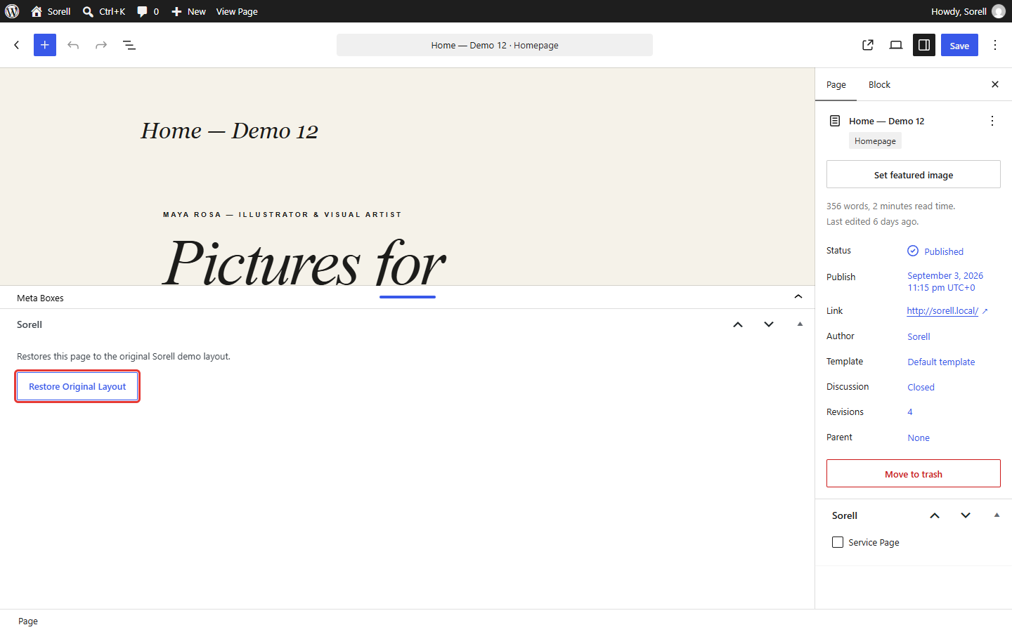 Block editor with the Meta Boxes panel open and the Restore Original Layout button highlighted