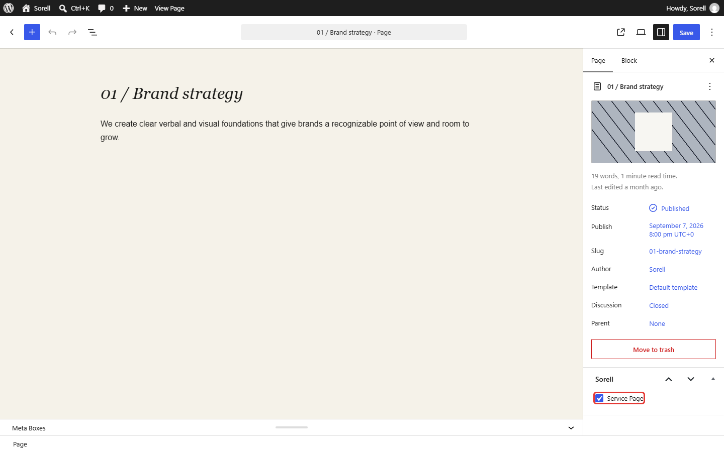 Page editor sidebar with the Service Page checkbox highlighted in the Sorell box