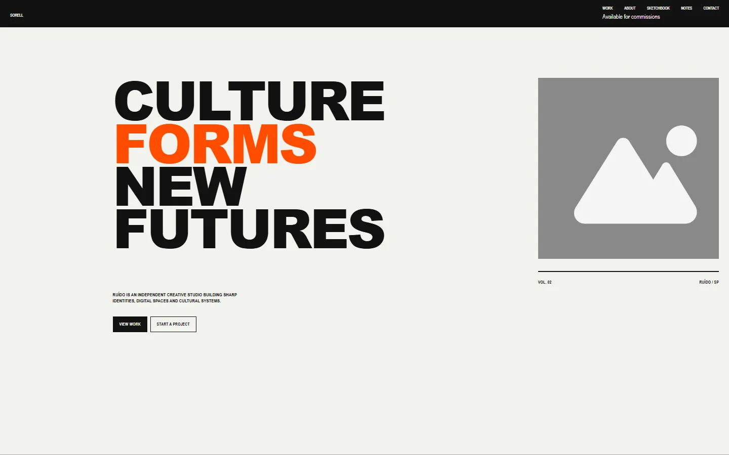 Home page of Demo 02, Swiss experimental agency: large black and orange headline “Culture forms new futures”.