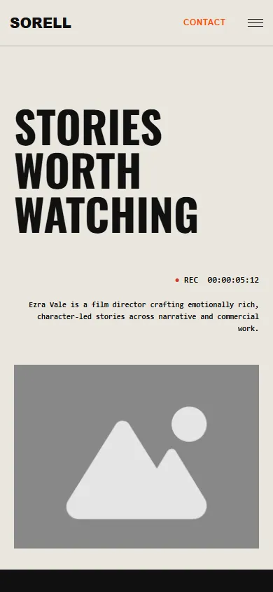 Demo 08, film director portfolio, on a phone screen: condensed headline “Stories worth watching”.