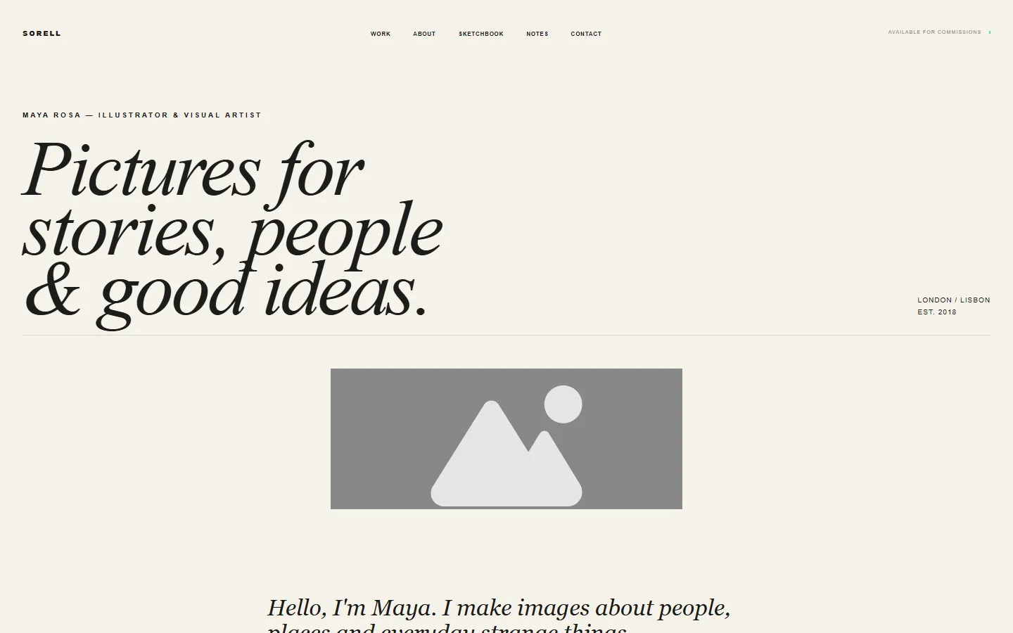 Home page of Demo 12, illustrator portfolio: italic serif headline “Pictures for stories, people & good ideas”.